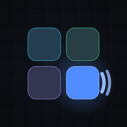 App-Symbol von Audio Buttons: vier Kacheln, eine davon leuchtet blau und sendet Schallwellen aus
