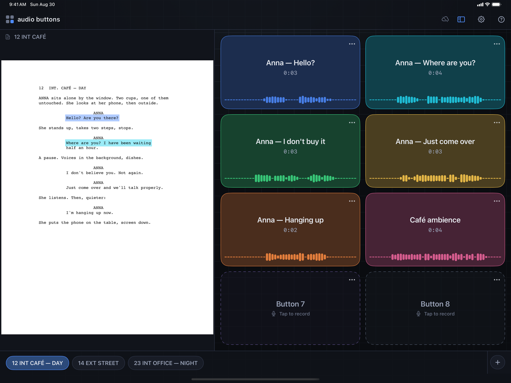 Audio Buttons on iPad in landscape: the script on the left with two dialogue lines highlighted in blue, six coloured sound tiles with names and waveforms on the right
