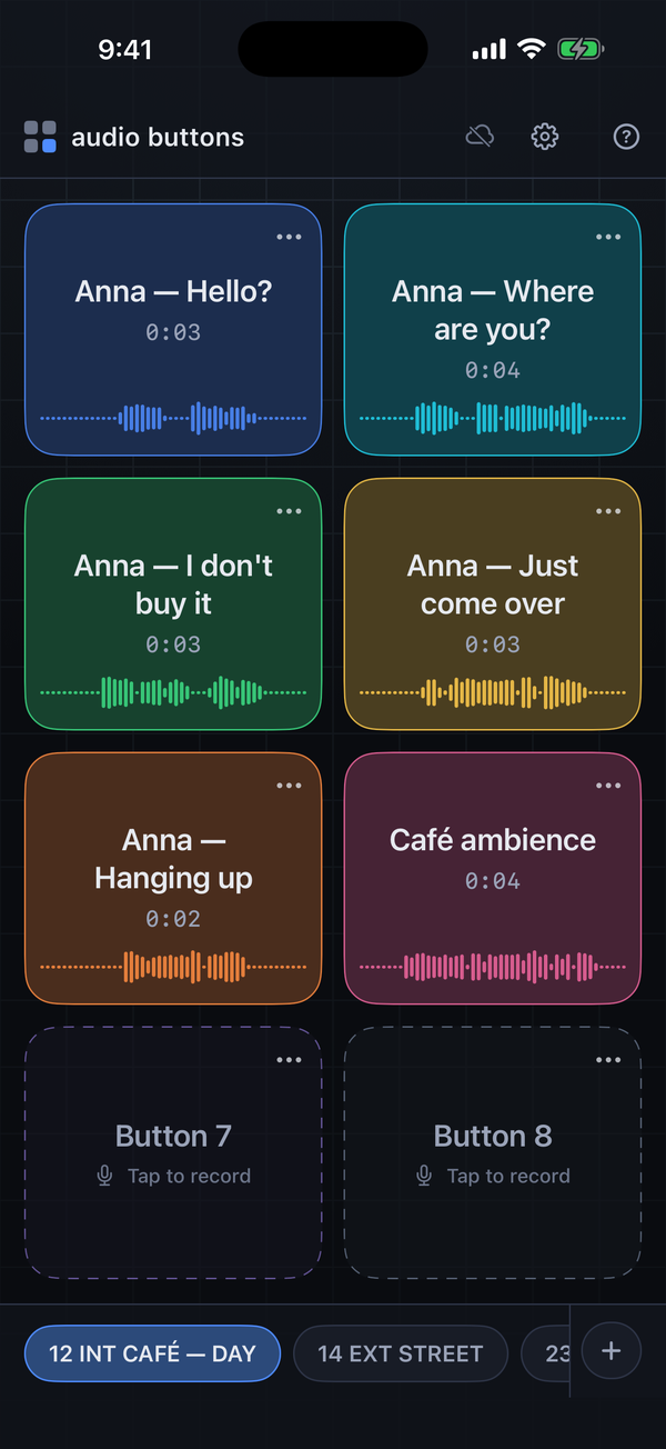 Audio Buttons on iPhone: six coloured sound tiles with recordings, two empty buttons below them and the scene bar along the bottom