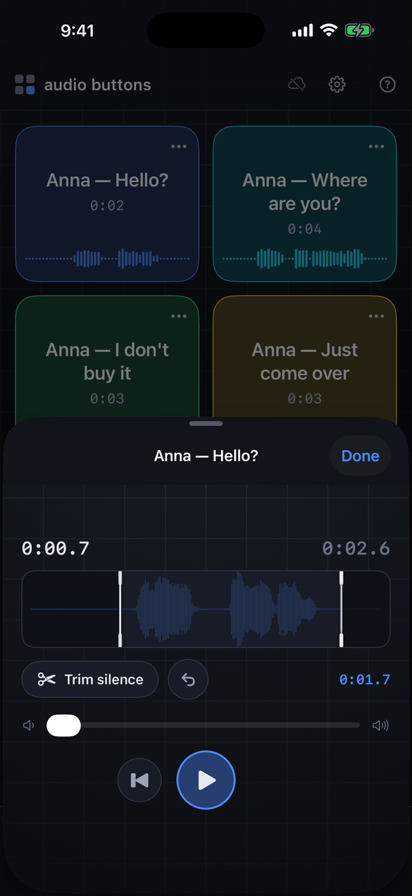Audio Buttons on iPhone: the waveform of a recording with two trim handles, a “Trim silence” button, a volume slider and a large play button