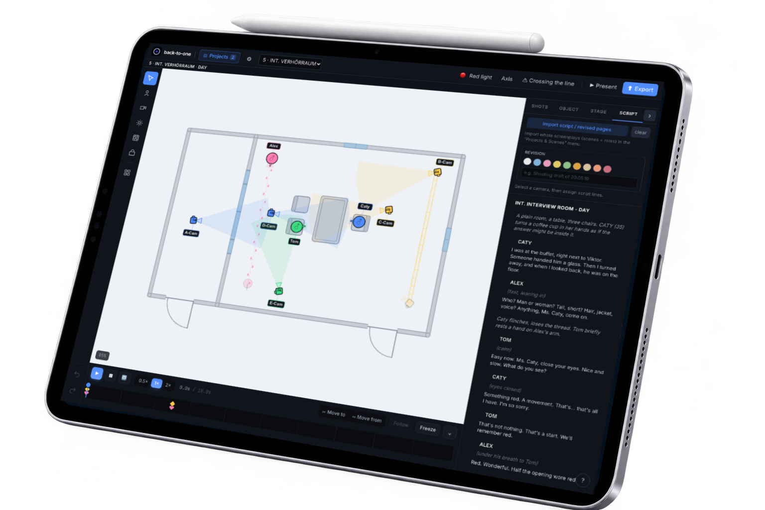 Back-to-One auf einem iPad Pro: Top-Down-Blocking mit Shot List daneben