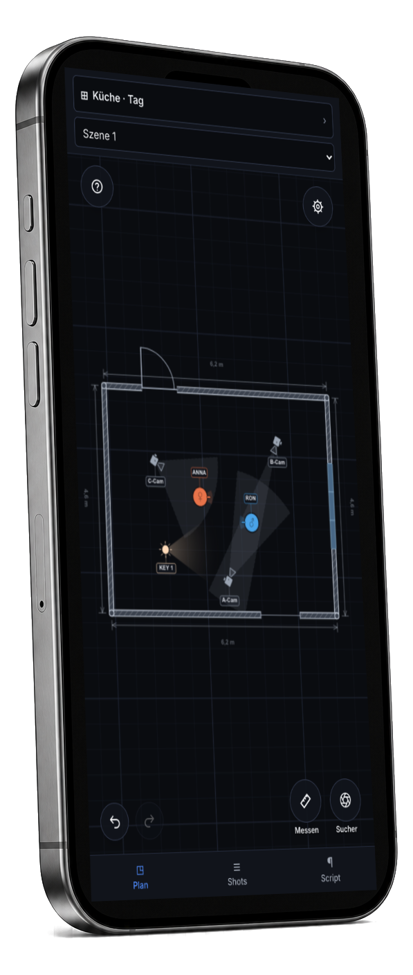 Back-to-One auf einem iPhone: der Plan der Szene mit Kameras, Figuren und Licht