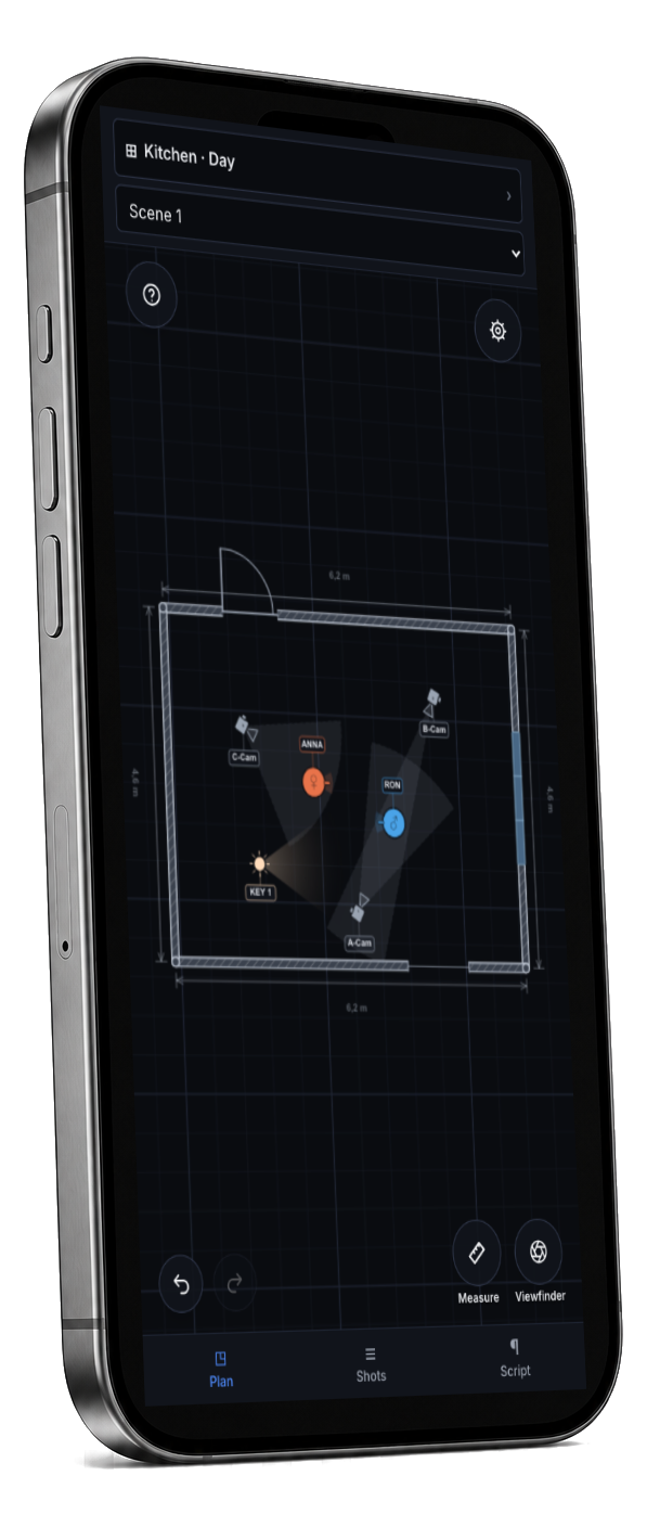 Back-to-One on an iPhone: the scene plan with cameras, figures and lighting