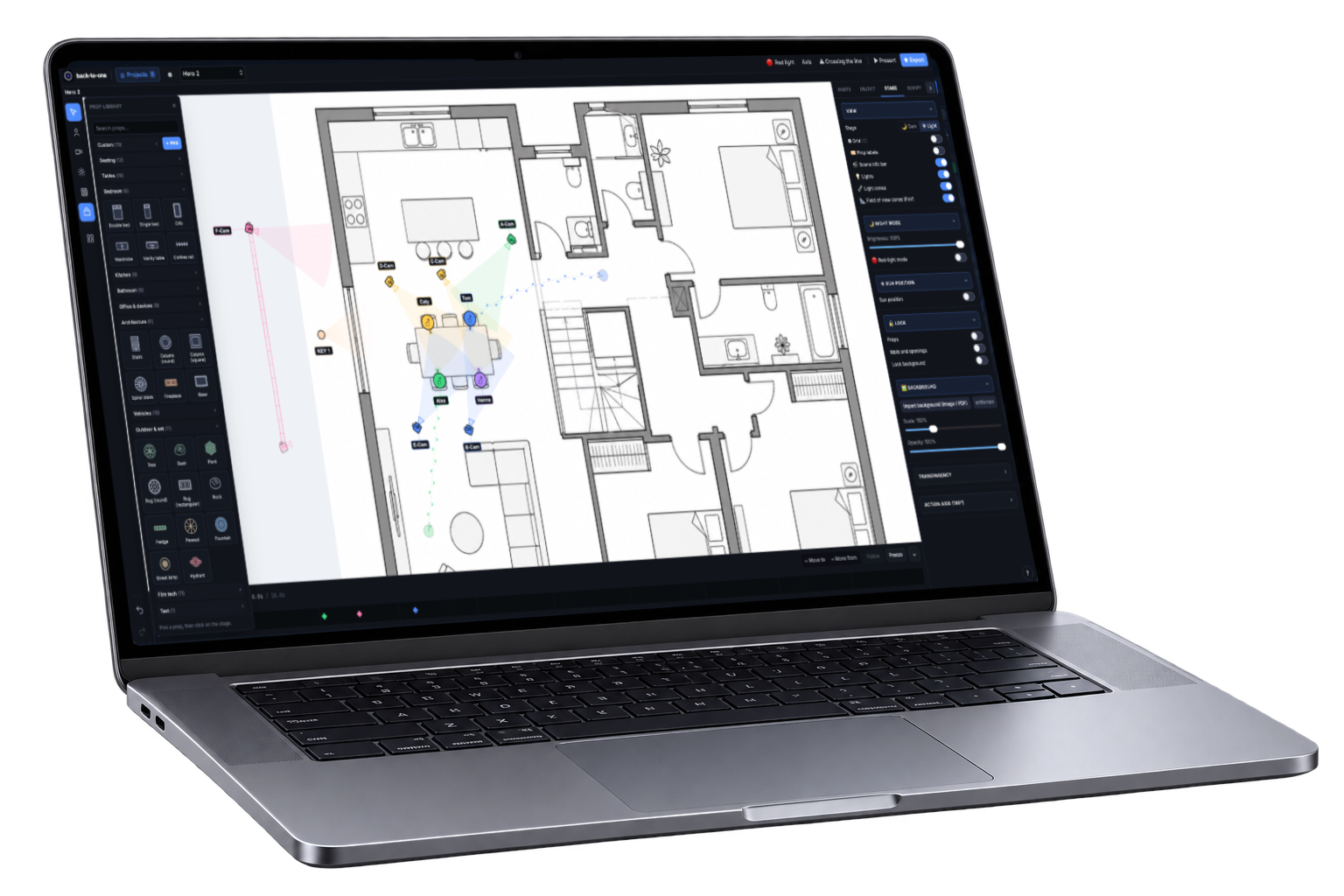 Back-to-One auf einem MacBook Pro: importierter Grundriss mit Kameras, Licht und Requisiten-Bibliothek