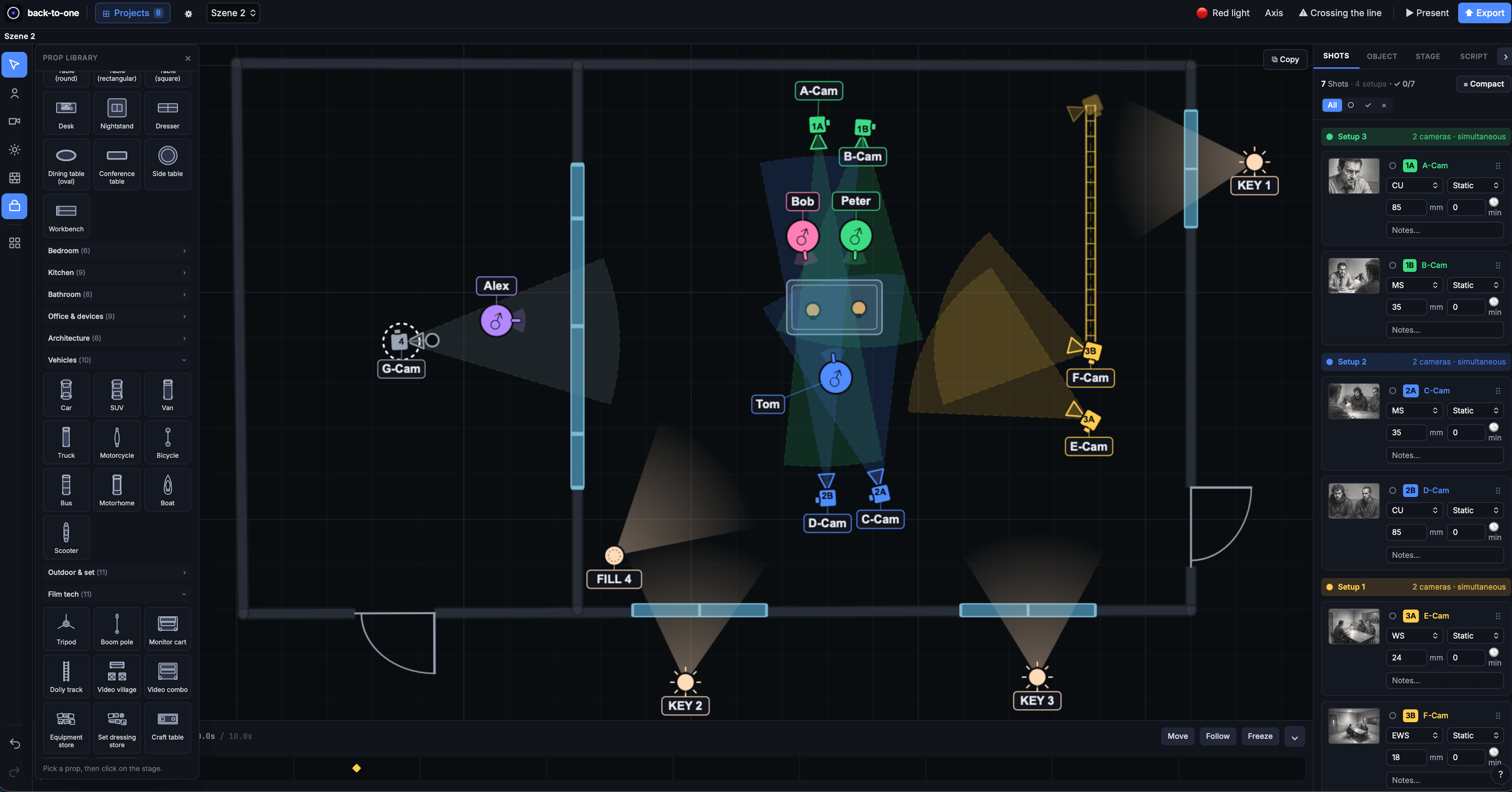 Back-to-One: blocking canvas with the prop library open, multiple camera setups and an automatic shot list