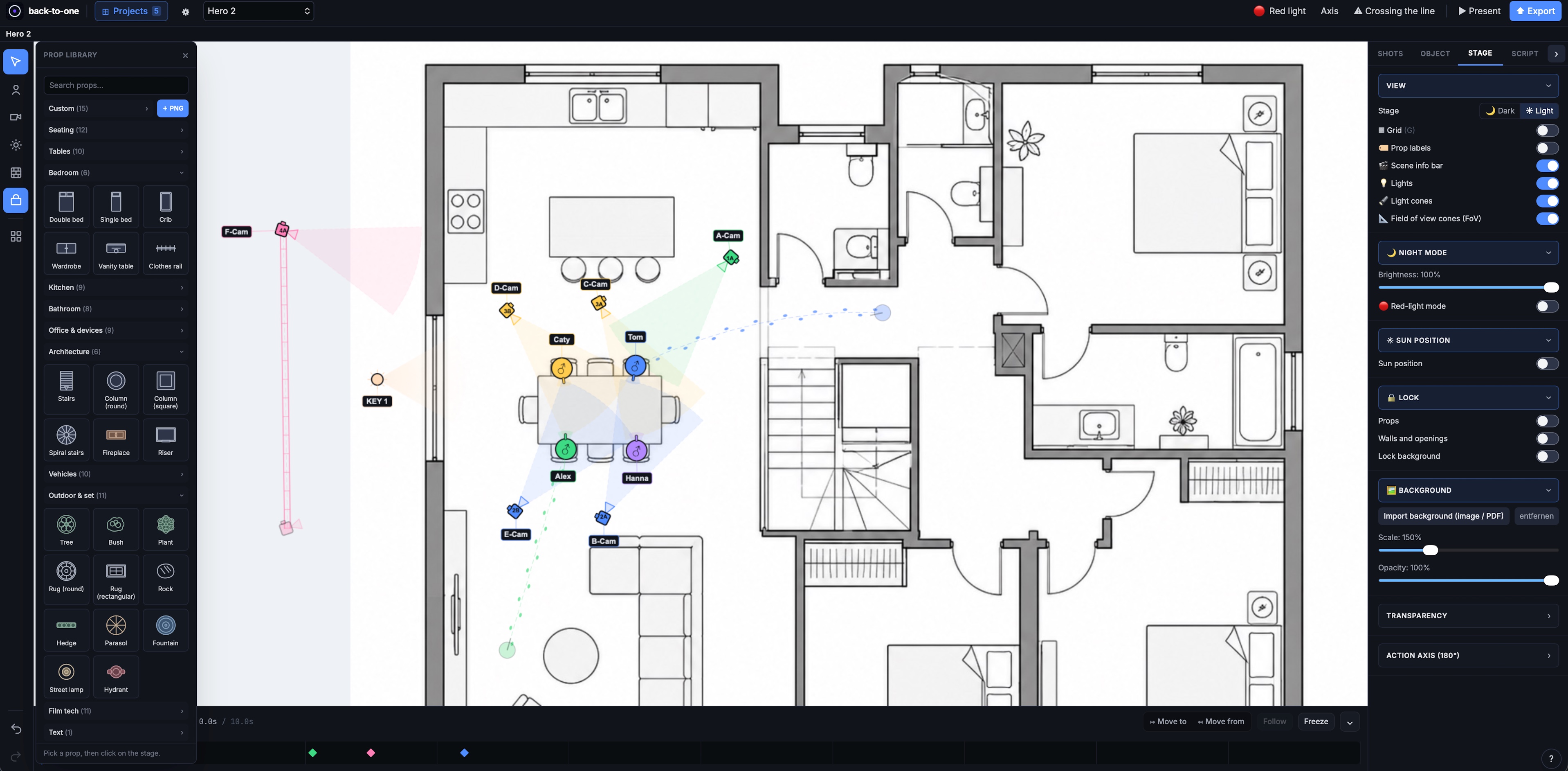 Back-to-One full view: imported floor plan with prop library, cameras, light and stage settings