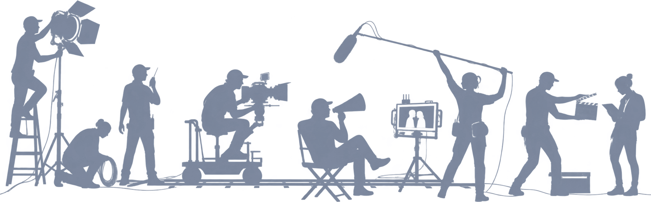 Filmcrew als Silhouetten: Licht, Kamera, Ton, Regie, Regieassistenz und Szenenbild an einem Set